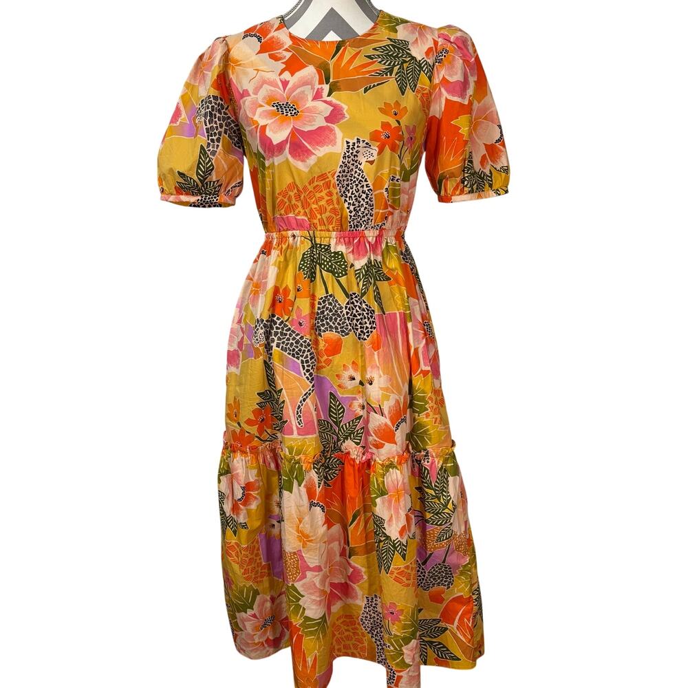 Farm Rio Anthropologie Tropical Leopard Floral Midi Dress XS Extra Small Layers